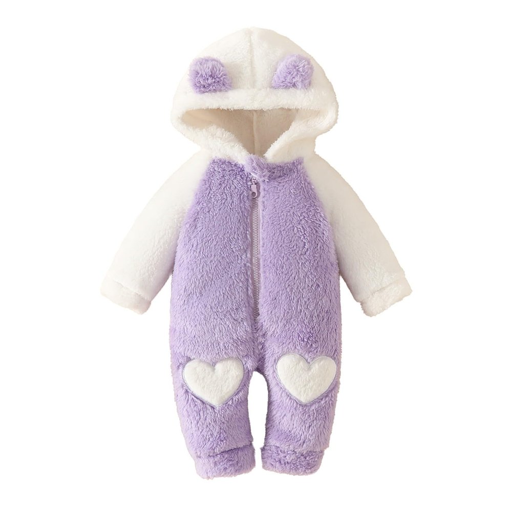 Newborn Baby Fleece Jumpsuit Girls Boys Hooded Rompers Bear Onesie Long Sleeve Zipper Snowsuit (Purple, 12-18 Months)