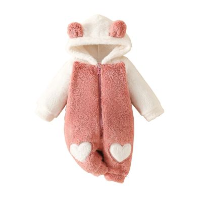 Newborn Baby Fleece Jumpsuit Girls Boys Hooded Rompers Bear Onesie Long Sleeve Zipper Snowsuit Fall (RD2, 0-3 Months)
