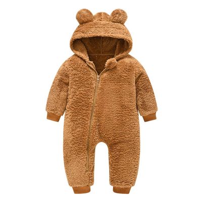 Newborn Baby Jumpsuit Hooded Fleece Rompers Long Sleeve Onesie Zipper Hooded Snowsuit Thick Warm (Brown, 0-6 Months)
