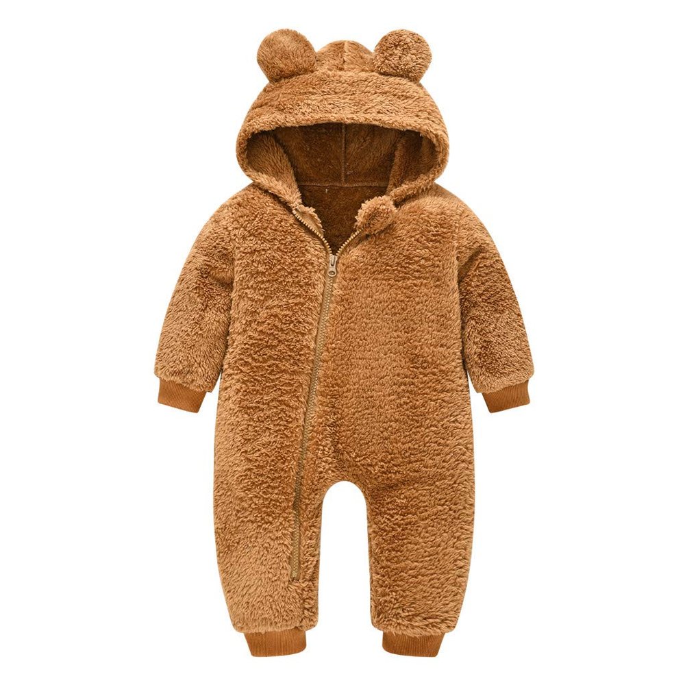 Newborn Baby Jumpsuit Hooded Fleece Rompers Long Sleeve Onesie Zipper Hooded Snowsuit Thick Warm (Brown, 0-6 Months)