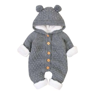 Newborn Baby Snowsuit Bear Onesie Knitted Romper Winter Thick Fleece Lined Jumpsuit Infant Coat (Grey, 18-24 Months)