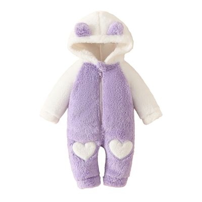 Newborn Baby Fleece Jumpsuit Girls Boys Hooded Rompers Bear Onesie Long Sleeve Zipper Snowsuit (Purple, 0-3 Months)