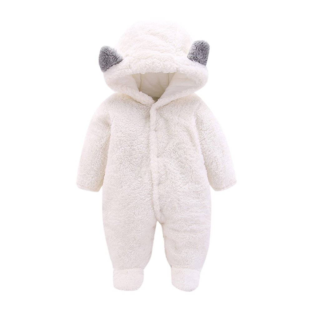 Infant Toddler Snowsuit Cute Baby Bear Suit Newborn Winter Coat Warm Hooded Fleece Jumpsuit for (White, 6-9 Months)