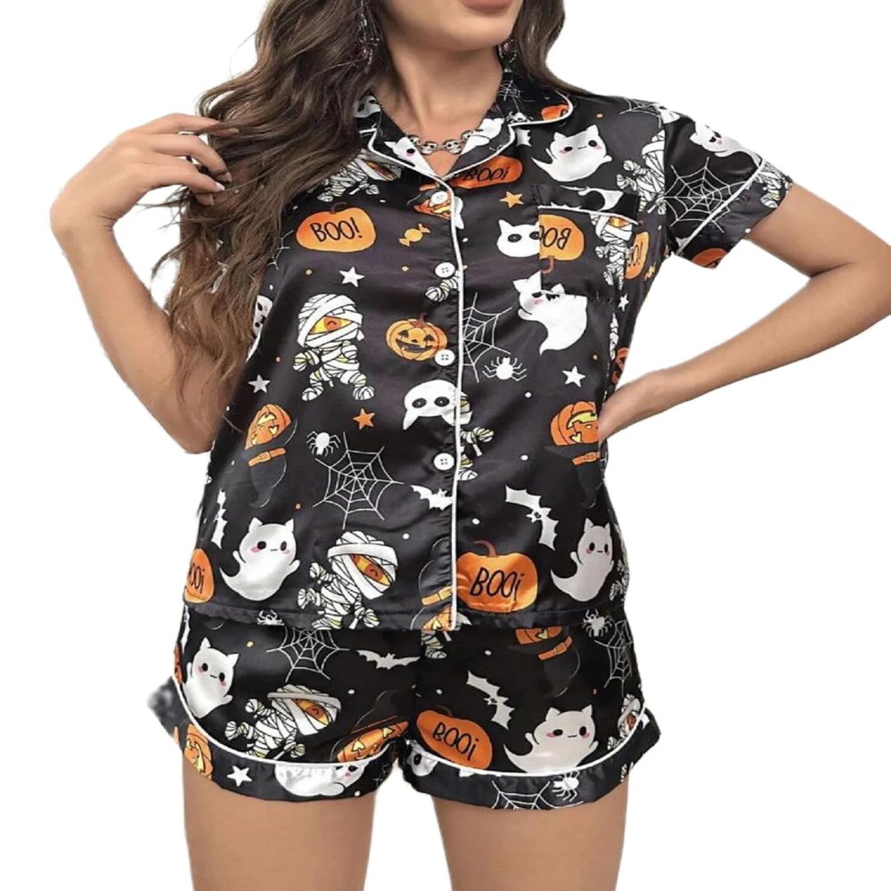 Aonoapll Halloween Pajamas Women Pumpkin Ghost Graphic 2 Piece Sleepwear Short Sleeve Button Shirt Pjs Shorts Set(Silk Black,Small)