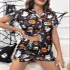 Aonoapll Halloween Pajamas Women Pumpkin Ghost Graphic 2 Piece Sleepwear Short Sleeve Button Shirt Pjs Shorts Set(Silk Black,Small) view 2