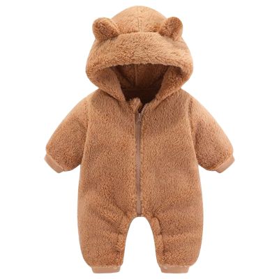Newborn Baby Fleece Jumpsuit Zipper Hooded Romper Warm Snowsuit Outfits for Infant Cute Cozy Bear (Brown, 0-3 Months)