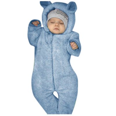 Baby Fleece Snowsuit Boy Girl Cute Bear Ear Hooded Jumpsuit Romper Zipper Winter Outfits Infant (Blue, 0-6 Months)