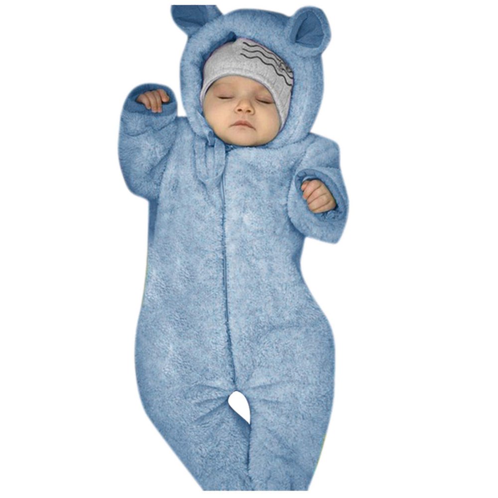 Baby Fleece Snowsuit Boy Girl Cute Bear Ear Hooded Jumpsuit Romper Zipper Winter Outfits Infant (Blue, 0-6 Months)