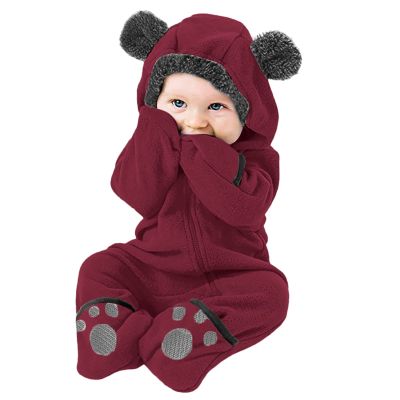 Newborn Baby Fleece Footed Jumpsuit Hooded Pramsuit Winter Snowsuit for Infant Boys Girls Bear (Wine, 6-12 Months)