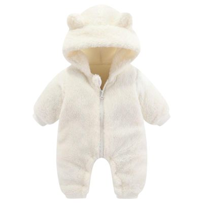 Newborn Baby Fleece Jumpsuit Zipper Hooded Romper Warm Snowsuit Outfits for Infant Cute Cozy Bear (White, 6-9 Months)