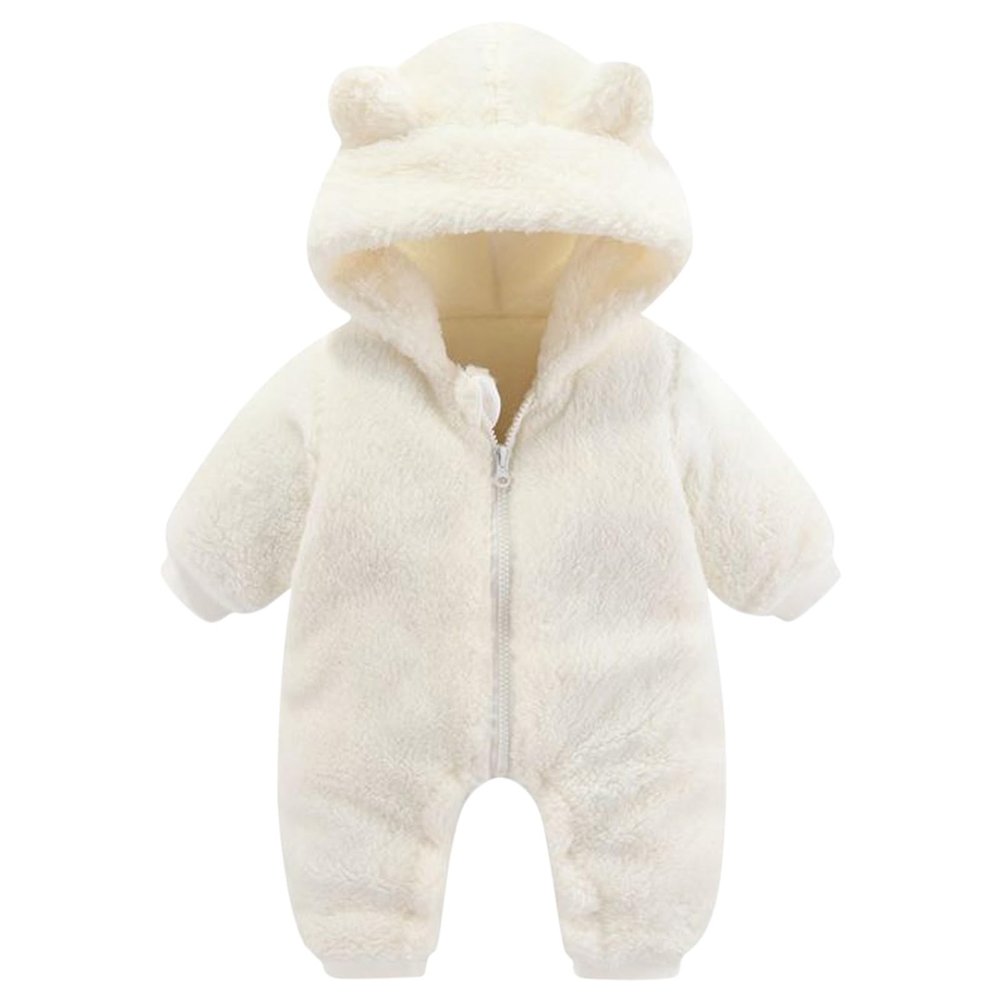 Newborn Baby Fleece Jumpsuit Zipper Hooded Romper Warm Snowsuit Outfits for Infant Cute Cozy Bear (White, 6-9 Months)
