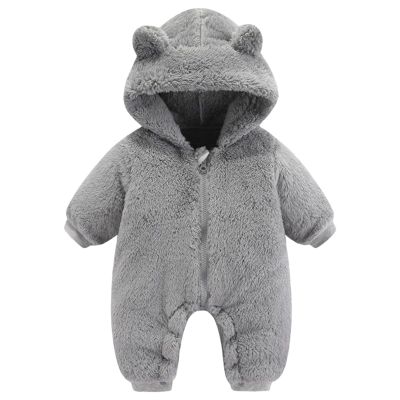 Newborn Baby Fleece Jumpsuit Zipper Hooded Romper Warm Snowsuit Outfits for Infant Cute Cozy Bear (Grey, 0-3 Months)