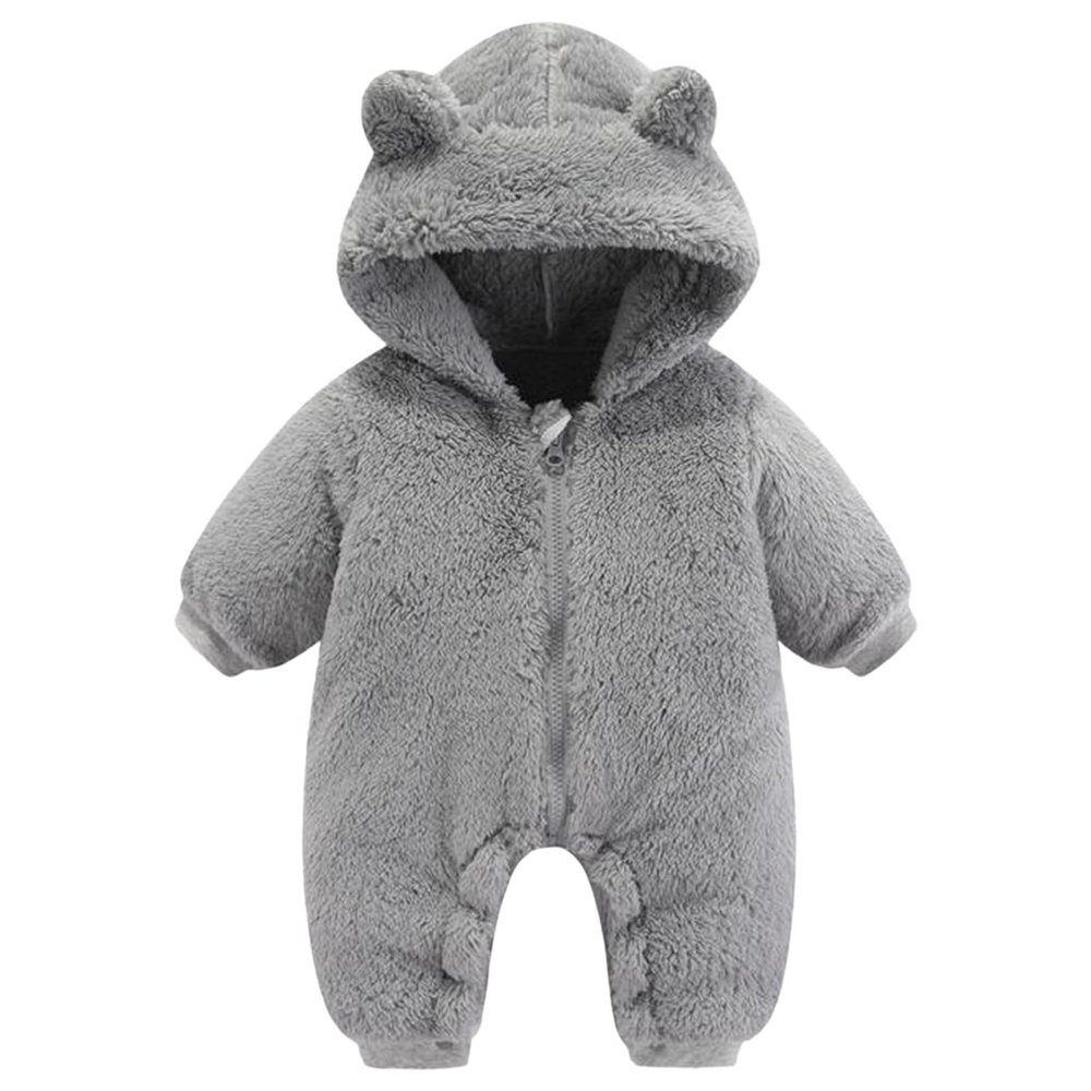 Newborn Baby Fleece Jumpsuit Zipper Hooded Romper Warm Snowsuit Outfits for Infant Cute Cozy Bear (Grey, 0-3 Months)
