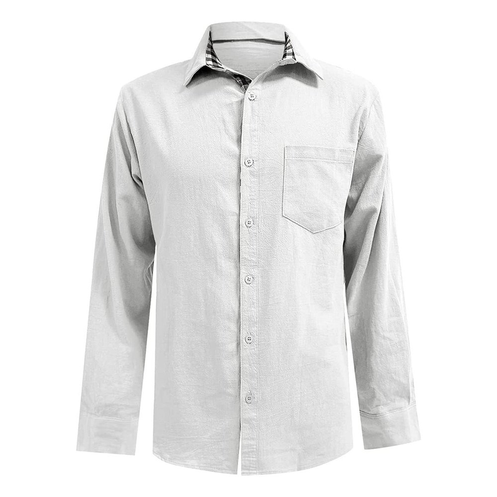 Button Down Linen Shirts for Men Casual Long Sleeve Cotton Beach Shirts Regular Fit Business Dress Shirts (Large,White)