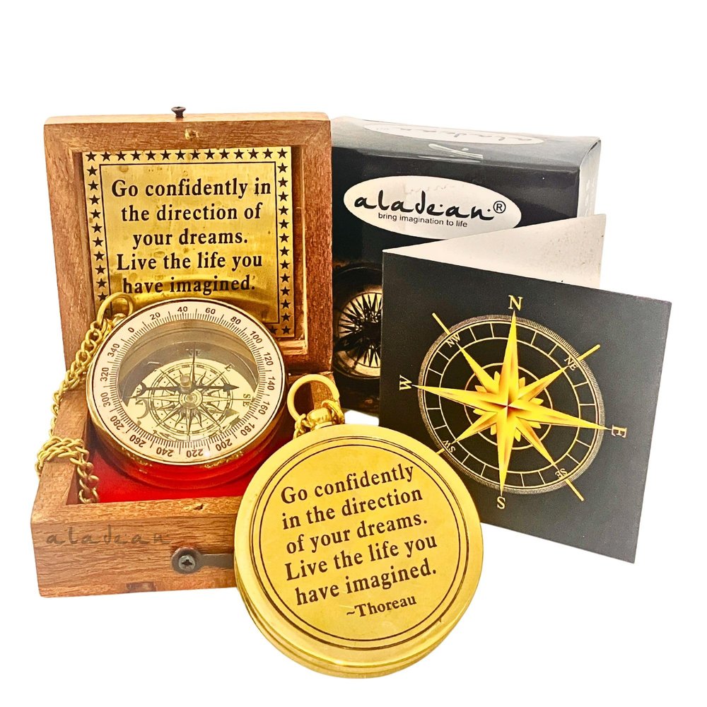ALADEAN Brass Dream Navigator's COMPASS - Inspirational Graduation Gift, Encouragement Gift for Men, Son, Husband - Motivational, Christmas, Unique Office Decor - Greeting