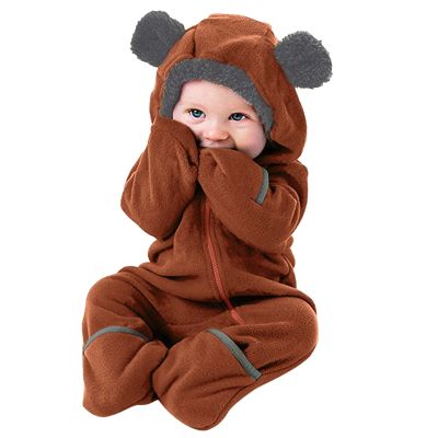 Bear Suit Newborn Baby Fleece Jumpsuit Hooded Pramsuit Winter Snowsuit for Infant Boys Girls (Brown, 6-12 Months)