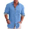 Button Down Linen Shirts for Men Casual Long Sleeve Cotton Beach Shirts Regular Fit Business Dress Shirts (Medium,Blue) view 3