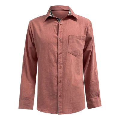 Button Down Linen Shirts for Men Casual Long Sleeve Cotton Beach Shirts Regular Fit Business Dress Shirts (Large,Pink)