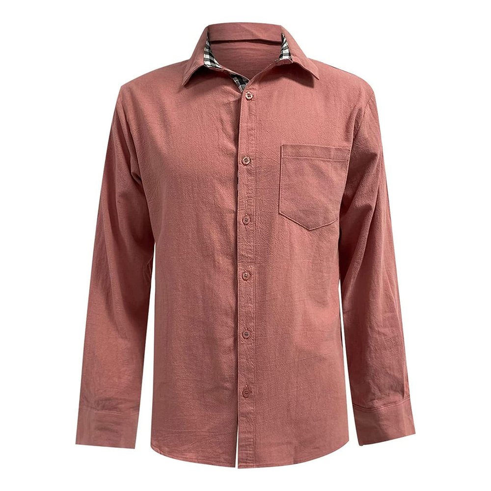 Button Down Linen Shirts for Men Casual Long Sleeve Cotton Beach Shirts Regular Fit Business Dress Shirts (Large,Pink)
