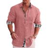 Button Down Linen Shirts for Men Casual Long Sleeve Cotton Beach Shirts Regular Fit Business Dress Shirts (Large,Pink) view 3