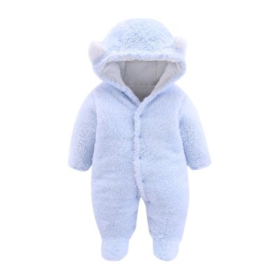 Newborn Baby Fleece Footie Jumpsuit Hooded Pramsuit Winter Snowsuit Bear for Infant Boys Girls (Light blue, 6-9 Months)