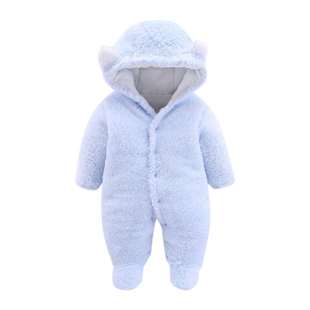 Newborn Baby Fleece Footie Jumpsuit Hooded Pramsuit Winter Snowsuit Bear for Infant Boys Girls (Light blue, 6-9 Months)