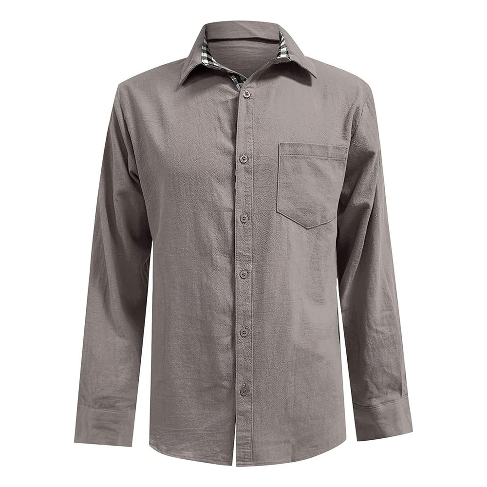 Button Down Linen Shirts for Men Casual Long Sleeve Cotton Beach Shirts Regular Fit Business Dress Shirts (Large,Grey)
