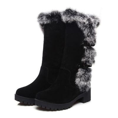 SACFOF Women's Winter Snow Boots Mid-Calf Chunky Heel Platform Boots Slip on Thick Rabbit Fur Collar Warm Suede Mid-Calf Outdoor Snow Boot