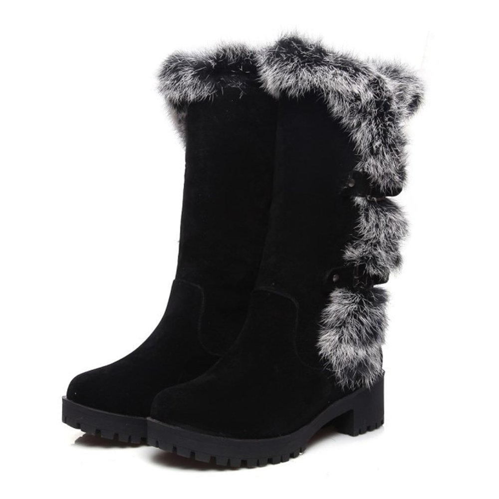 SACFOF Women's Winter Snow Boots Mid-Calf Chunky Heel Platform Boots Slip on Thick Rabbit Fur Collar Warm Suede Mid-Calf Outdoor Snow Boot