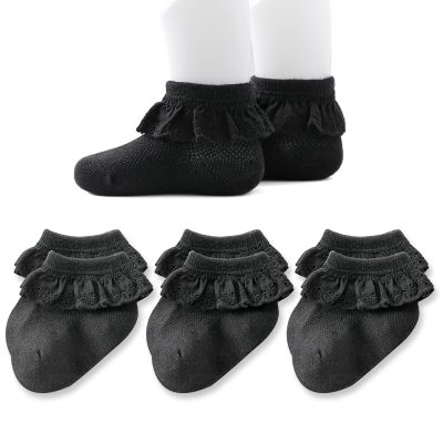 EPEIUS Baby Lace Socks Newborn Girl Eyelet Ruffle Socks Infant Toddler Dress Crew Sox 0-6/6-12/12-24 Months Black 3 Pack XS