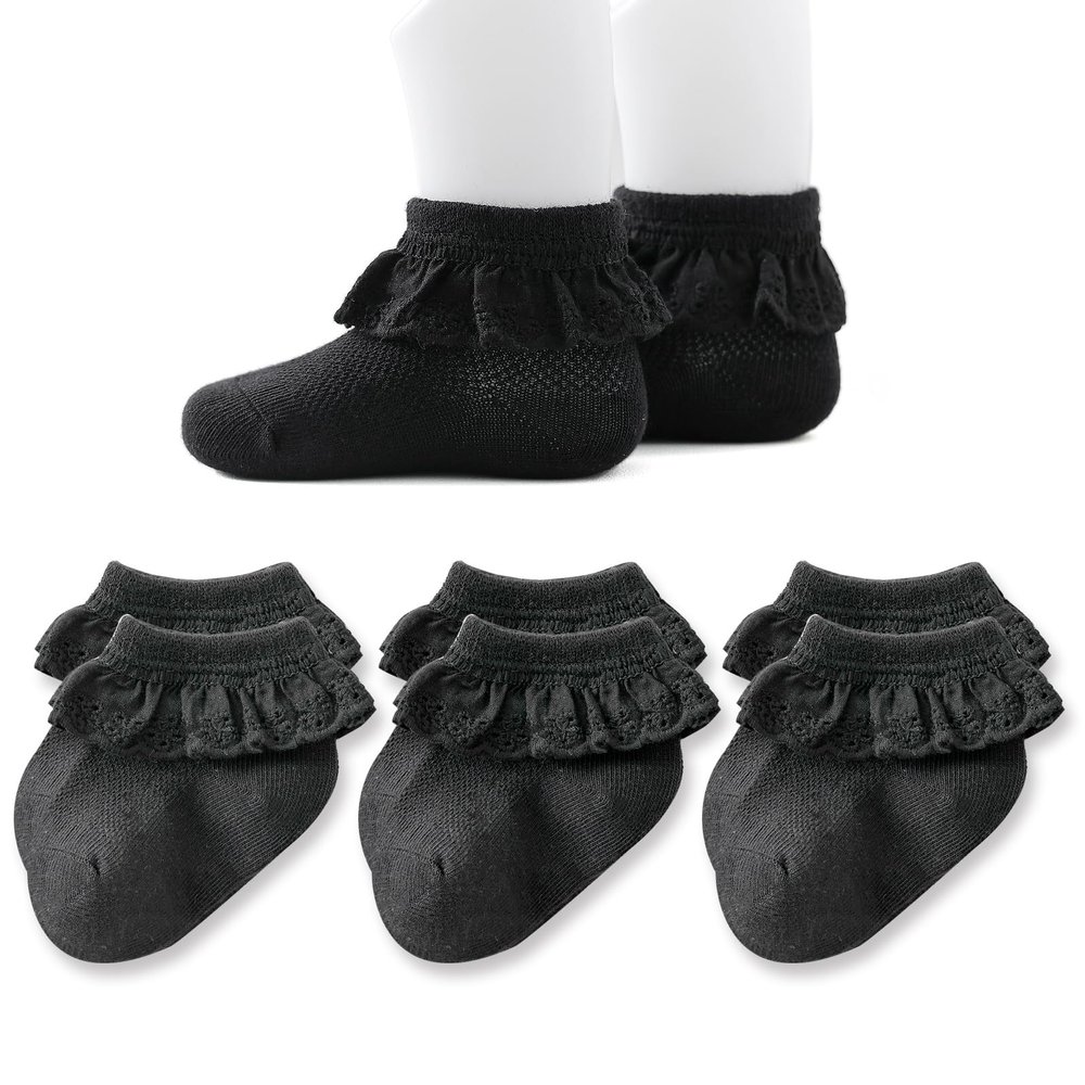 EPEIUS Baby Lace Socks Newborn Girl Eyelet Ruffle Socks Infant Toddler Dress Crew Sox 0-6/6-12/12-24 Months Black 3 Pack XS