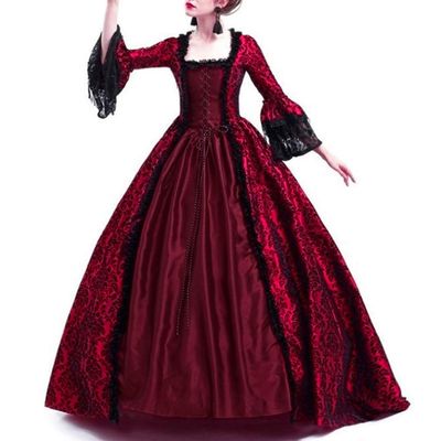 Women's Vintage Gothic Dresses Square Neck Lace Stitching Flared Sleeves Medieval Dresses Cosplay Halloween Costumes Wine