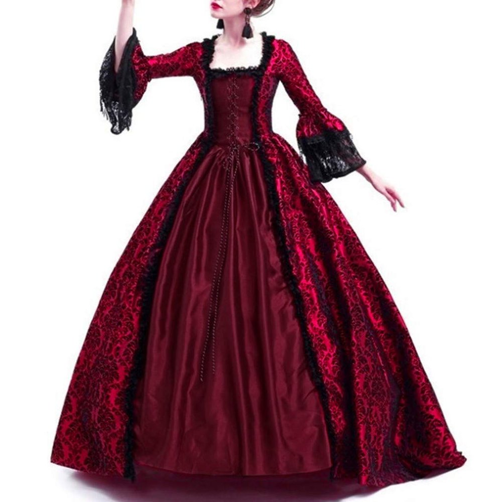 Women's Vintage Gothic Dresses Square Neck Lace Stitching Flared Sleeves Medieval Dresses Cosplay Halloween Costumes Wine
