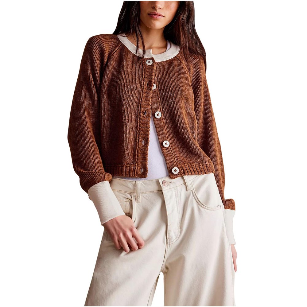 Womens Cardigan Fall Lightweight Long Sleeve Crop Sweater Coats Classic Button down Crewneck Knit Lounge Outerwear