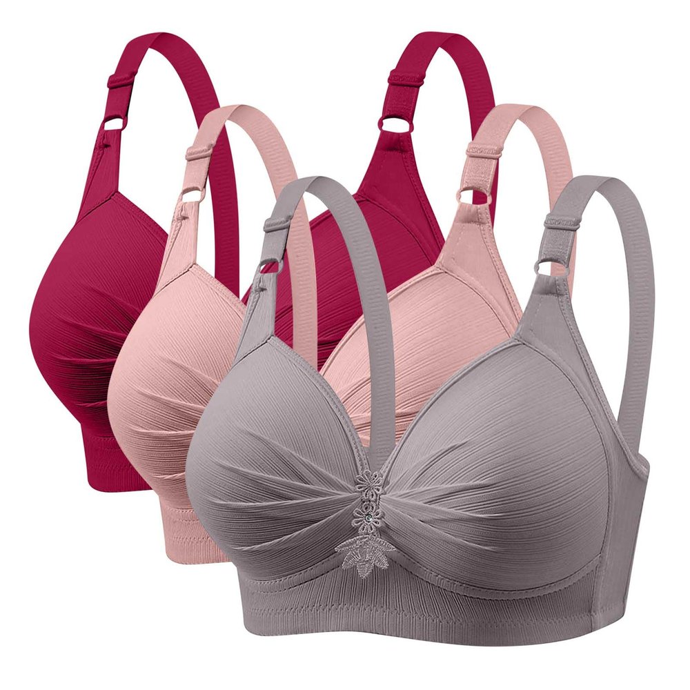 3 Pieces Bras for Women, Comfort Wireless Bralettes Sexy Plunge Push Up Underwear with Adjustable Straps Wine