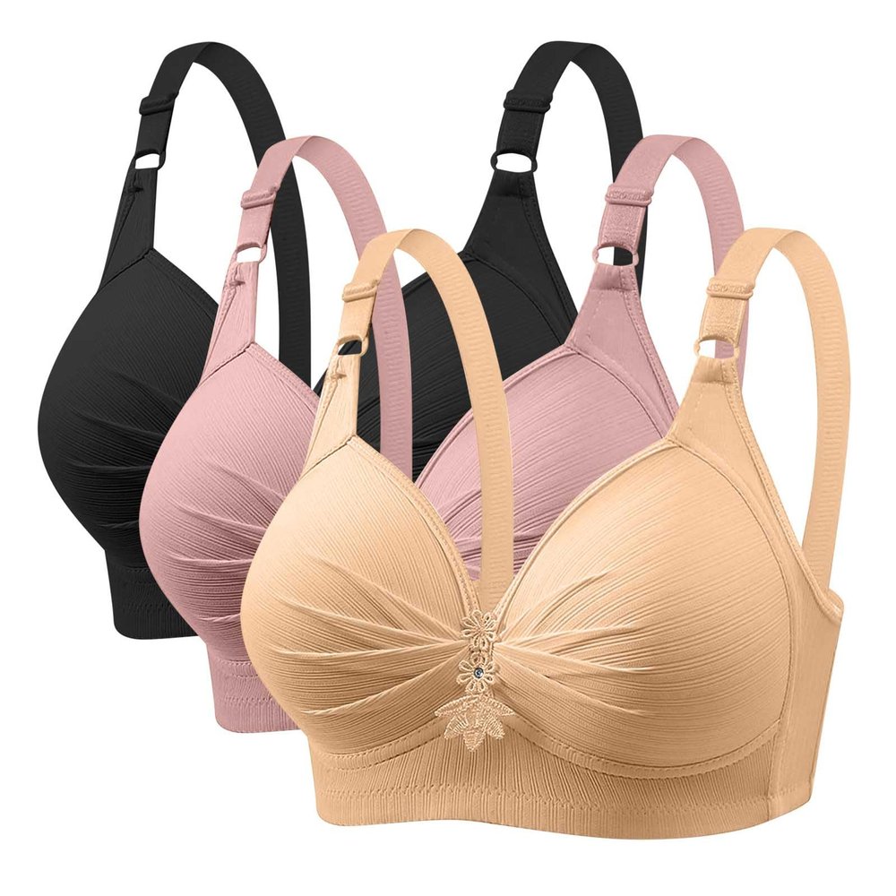 3 Pieces Bras for Women, Comfort Wireless Bralettes Sexy Plunge Push Up Underwear with Adjustable Straps