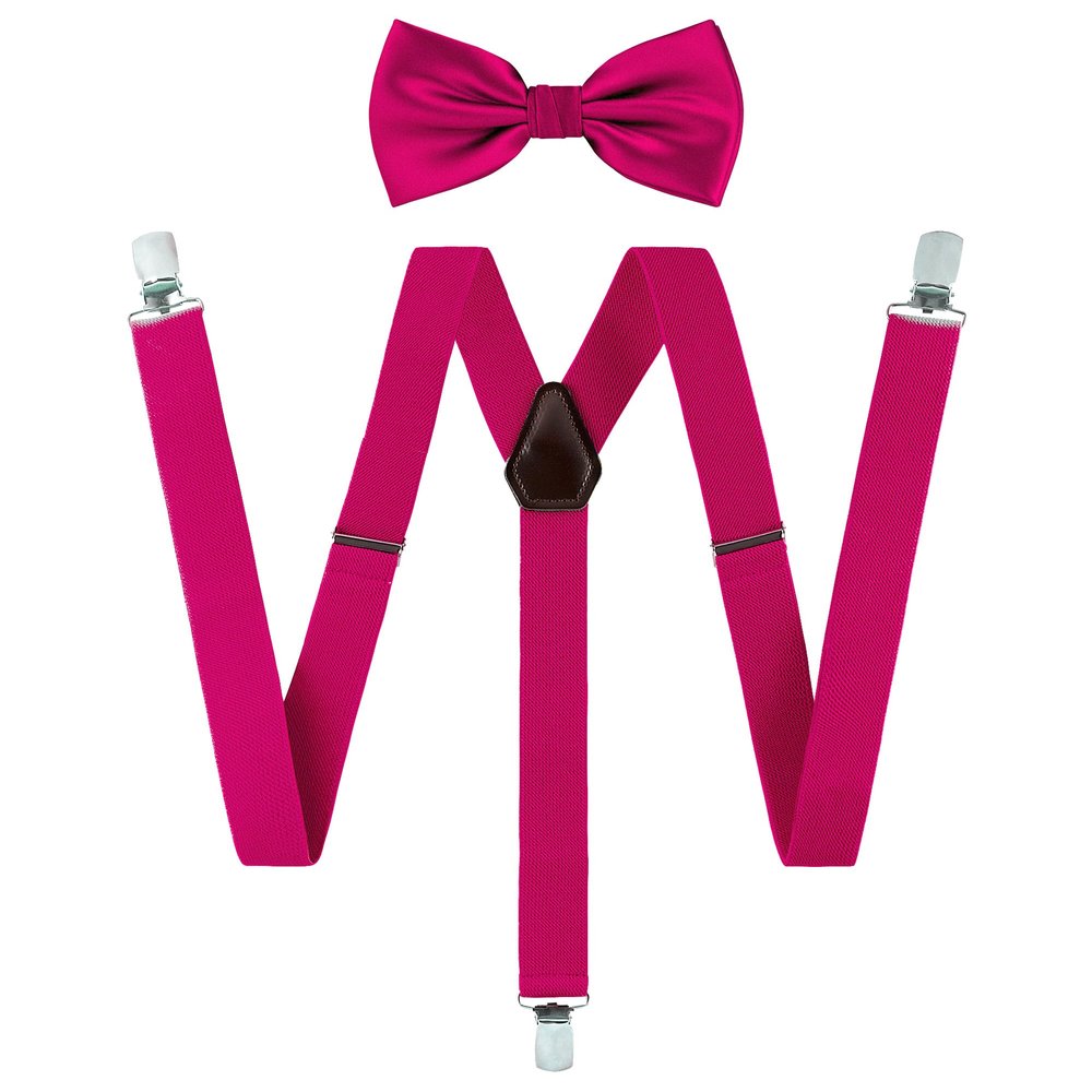 TIE G Solid Color Men's Suspender + Woven Bow Tie Set for Wedding : Vivid Color, Adjustable Brace, Strong Clip, Elastic Band (Fuchsia Pink)