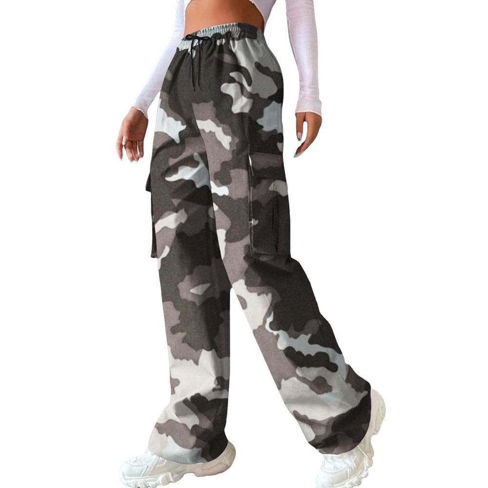fartey Camo Cargo Pants for Women Casual Drawstring High Waist Parachute Pants Baggy Wide Leg Hiking Pants with Pockets