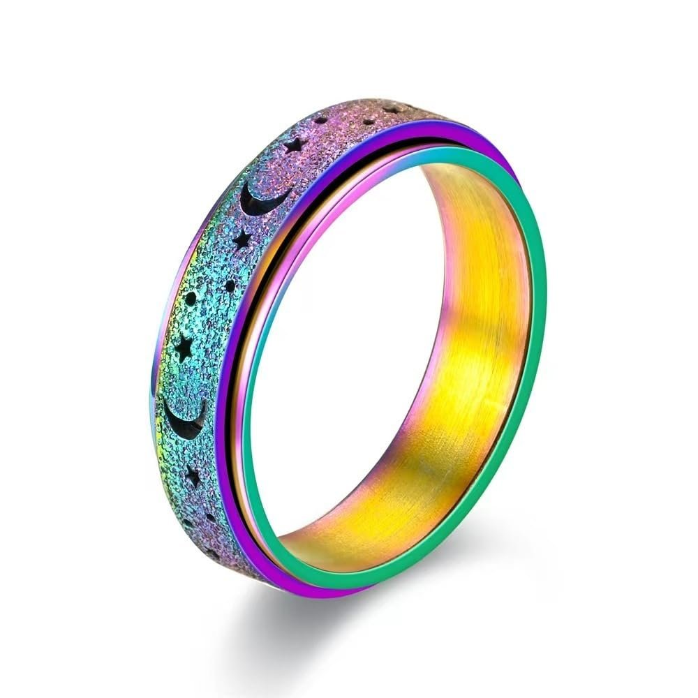 MMIUAEG Anxiety Ring for Women Men Hollow Moon Star Ring Titanium Stainless Steel Spinner Ring