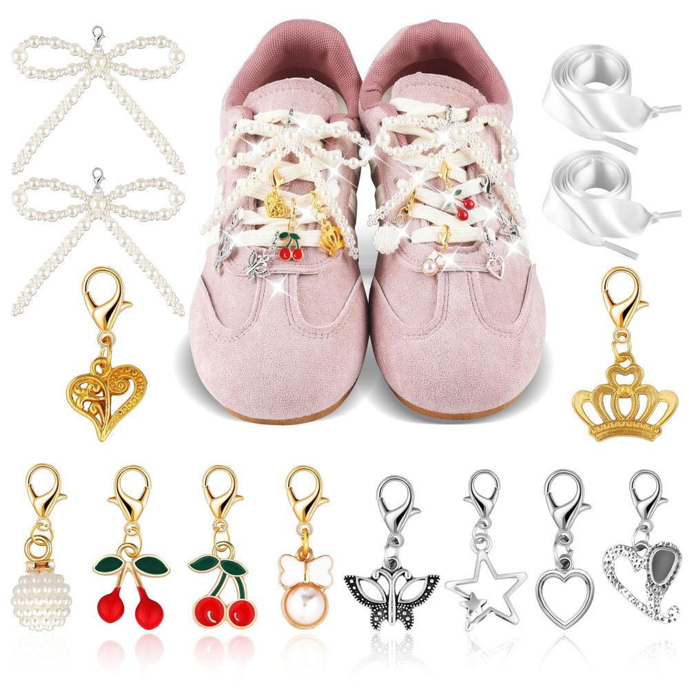 14Pcs Pearl Bow Shoe Charms for Sneakers Decoration Shoe Lace Charms Sneakers Elegant Pearl Buckle Dress Sneakers Accessories for Women Girls Bead Chain Shoelace Charm DIY Y2k Accessories