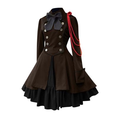 Yihaojia Lolita Dress for Women Girls Long Sleeves Ruffle Hem Goth Dresses Bowknot Sailor Uniform Collar Cosplay Dress Brown