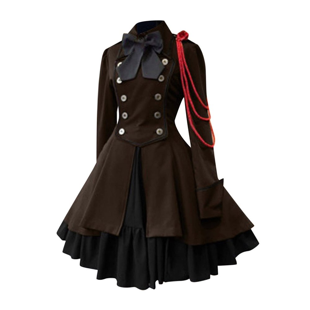 Yihaojia Lolita Dress for Women Girls Long Sleeves Ruffle Hem Goth Dresses Bowknot Sailor Uniform Collar Cosplay Dress Brown