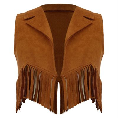 renvena Suede Cowgirl Vest for Kids Girls Halloween Lapel Sleeveless Open Front Fringe Suit Vest Brown 8 Years