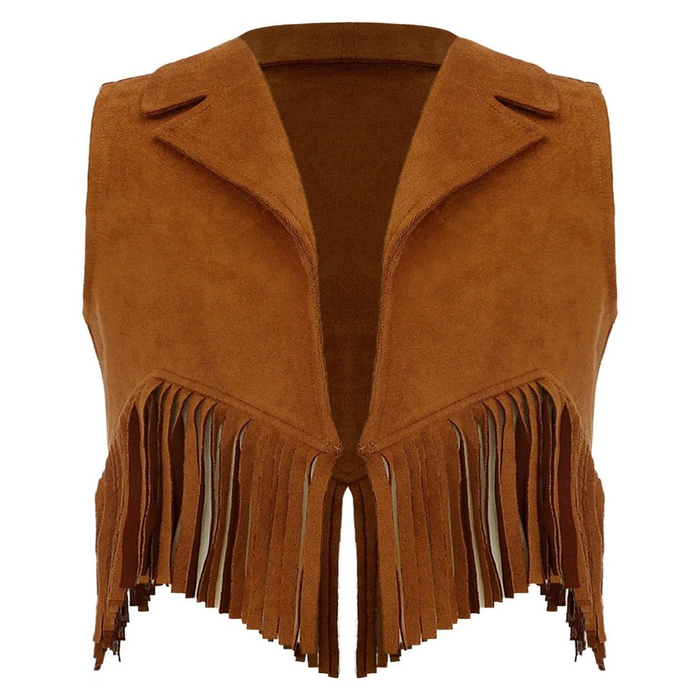 renvena Suede Cowgirl Vest for Kids Girls Halloween Lapel Sleeveless Open Front Fringe Suit Vest Brown 10 Years