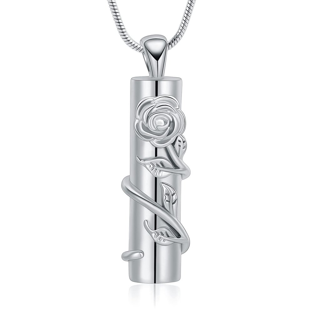 AIWENXI Cylinder Bar Memorial Ashes Necklace Roseflower Cremation Jewelry for Ashes for Men Women Stainless Steel Urns Necklaces Keepsakes Gifts Ashes Pendant Jewelry