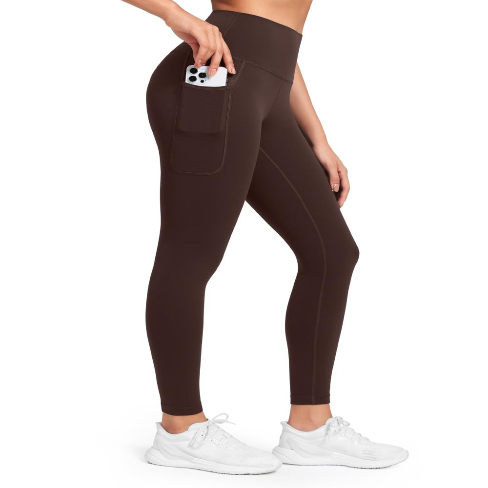 HeyNuts Workout Pro 7/8 Leggings with Pockets for Women, High Waisted Compression Tummy Control Workout Yoga Buttery Soft Pants Espresso_25'' M(8/10)