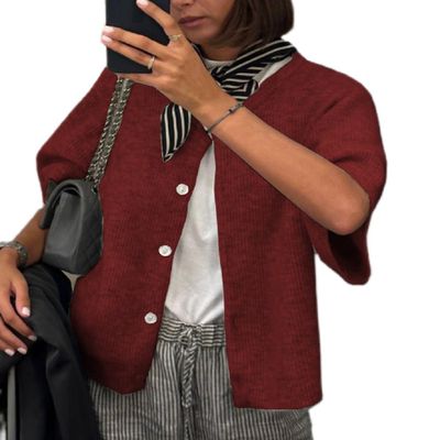 Women Lightweight Knitted Cardigan Shirt Short Sleeve Button Down Sweater Cardigan Y2k Open Front Loose Ribbed Shirt(Casual Wine Red,Large)