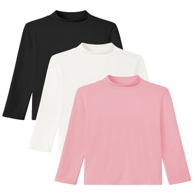 Auranso 3 Pack Boys Girls Turtleneck Kids Long Sleeve Shirts Solid Warm Unisex Turtle Neck Top Black White Pink 11-12 Years