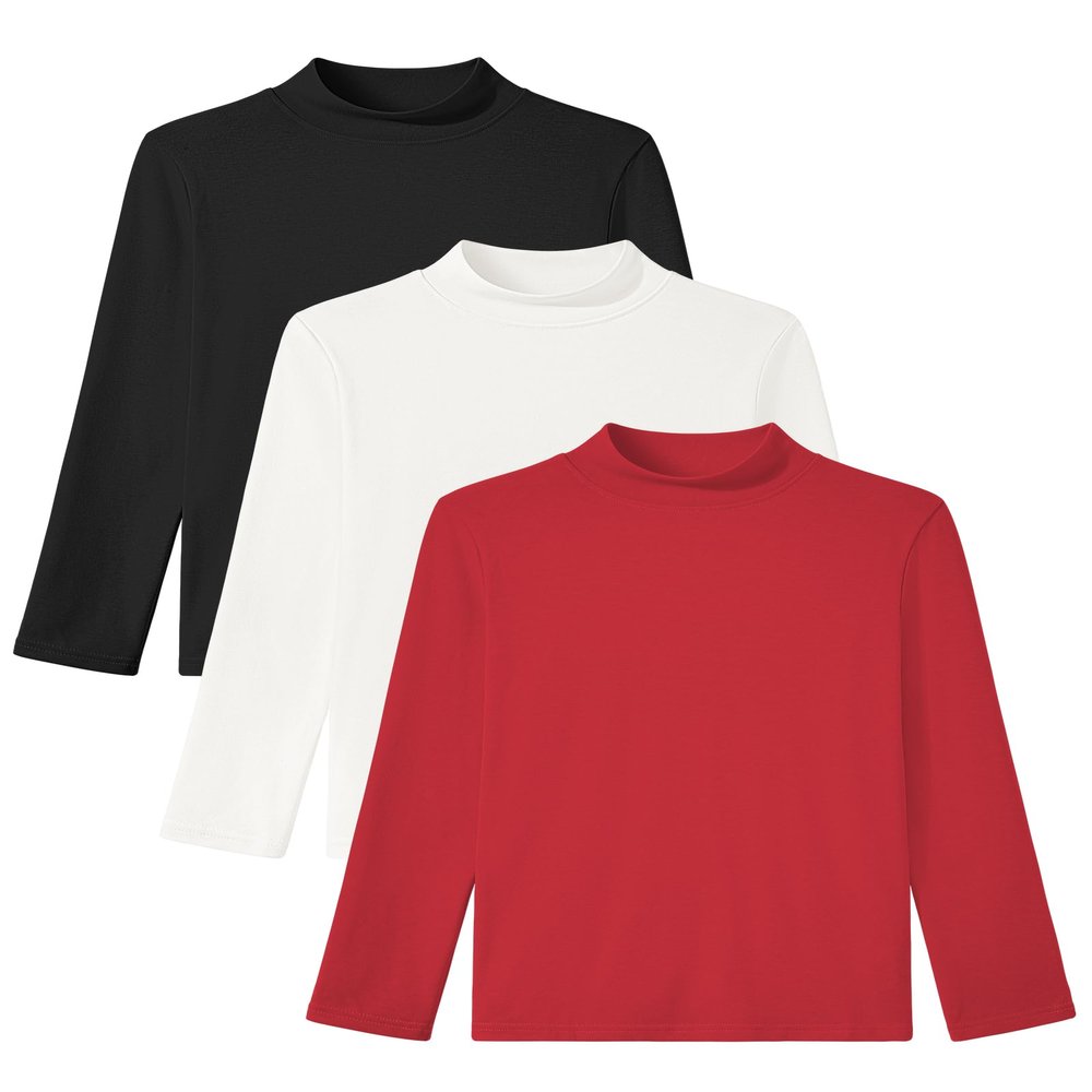 Auranso 3 Pack Boys Girls Turtleneck Kids Long Sleeve Shirts Solid Warm Unisex Turtle Neck Top Black White Red 5-6 Years