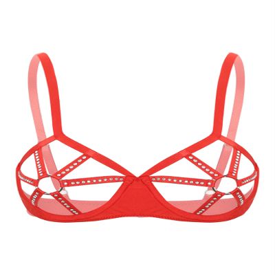 Fldy Womans See Through Strappy Cups Open Nipples Push Up Bra Underwired Hollow Out Crop Top Bustier Red Medium